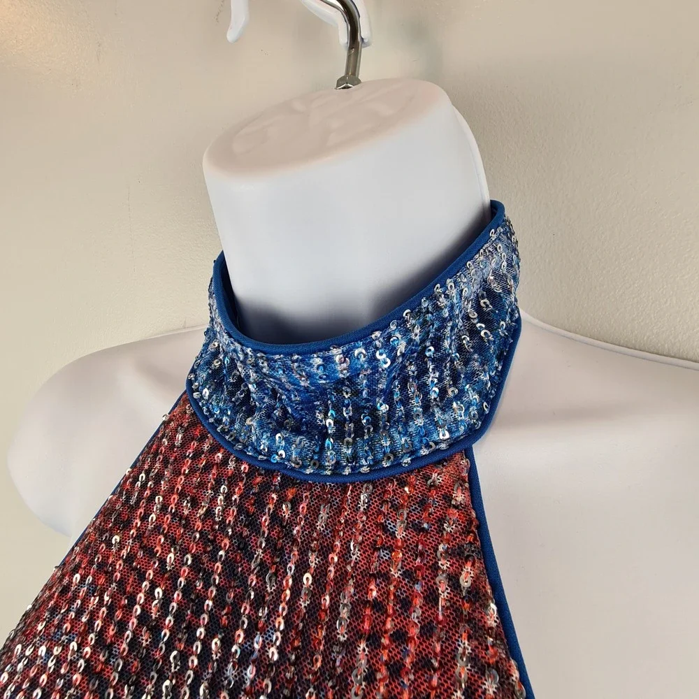 Ramy Brook Blue Multicolor Sequin Halter Midi Dress Size 6 Geometric Glam Slit - Picture 11 of 13
